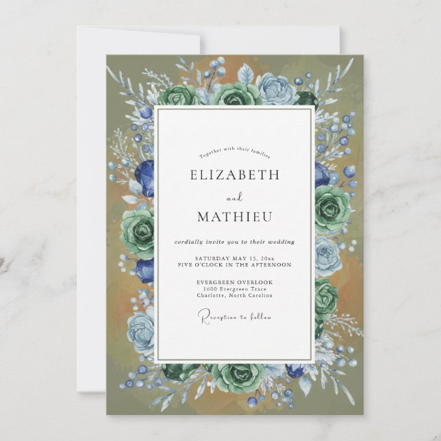 Invitation Mariage Eucalyptus Succulent Olive Azur (Devant)