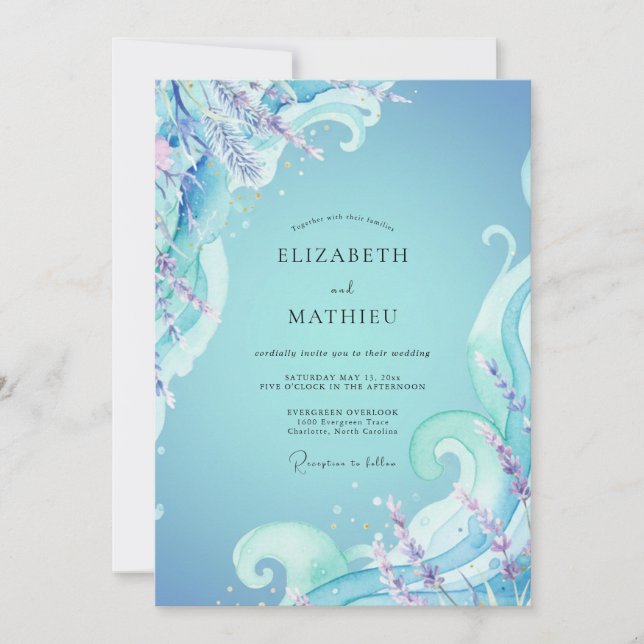 Invitation Mariage Eucalyptus Vague Azurée Océan (Devant)