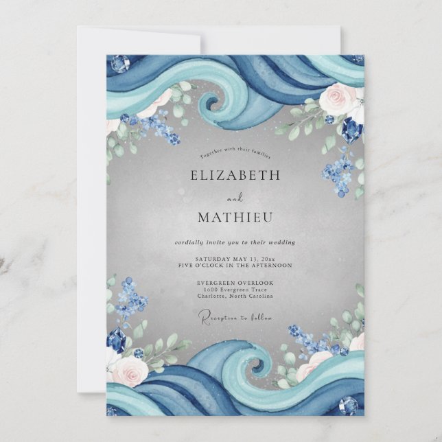 Invitation Mariage Eucalyptus Vague Océan Azur (Devant)