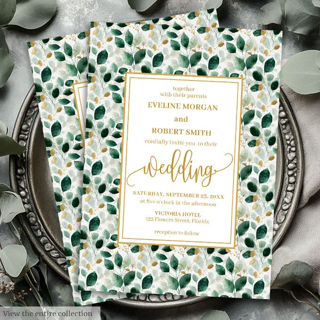 Invitation Mariage Eucalyptus Vert foncé de luxe invite (Luxury Dark Green Gold Eucalyptus Wedding Invitation)