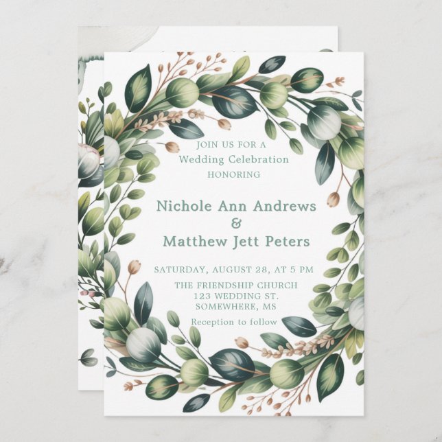 Invitation Mariage Eucalyptus Vert Mint & Sage (Devant / Derrière)