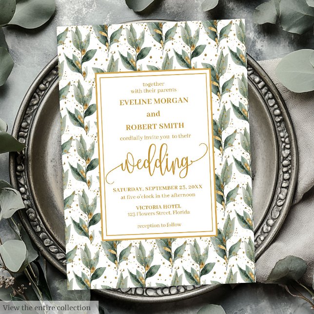 Invitation Mariage Eucalyptus Vert Sage Raffiné Invite (Refined Sage Green Gold Eucalyptus Wedding Invitation)