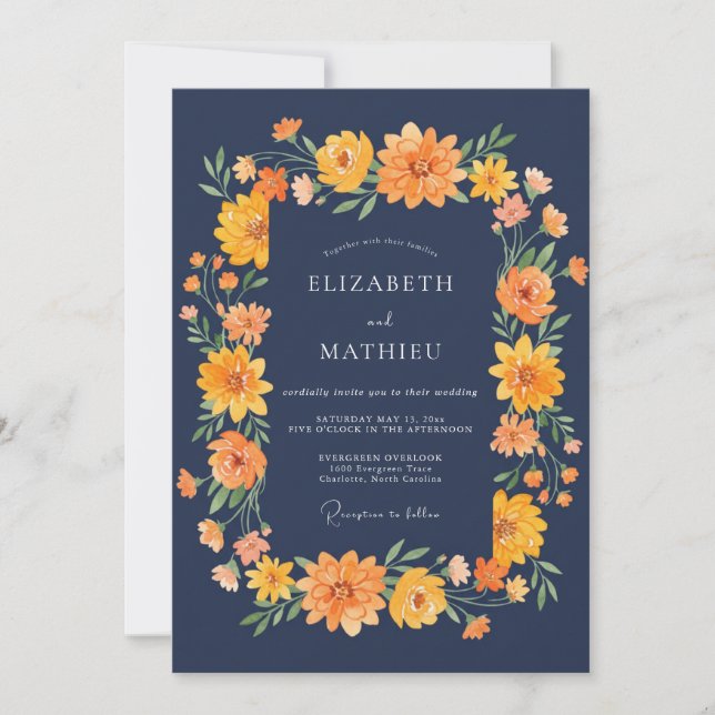 Invitation Mariage Eucalyptus Zinnia Orange de Minuit (Devant)
