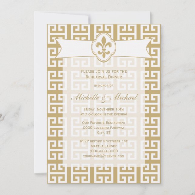 Invitation Mariage Événement Clé Grecque Fleur de Lis Or Blan (Devant)