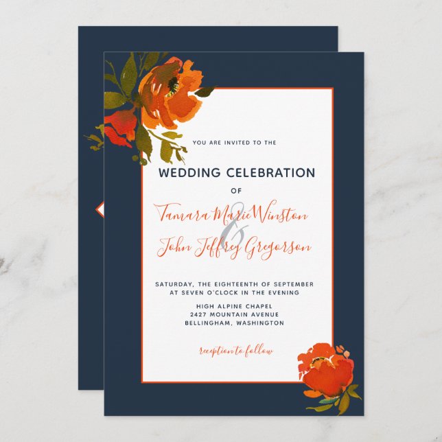 Invitation Mariage/événement Floral de la Marine Orange de Bo (Devant / Derrière)