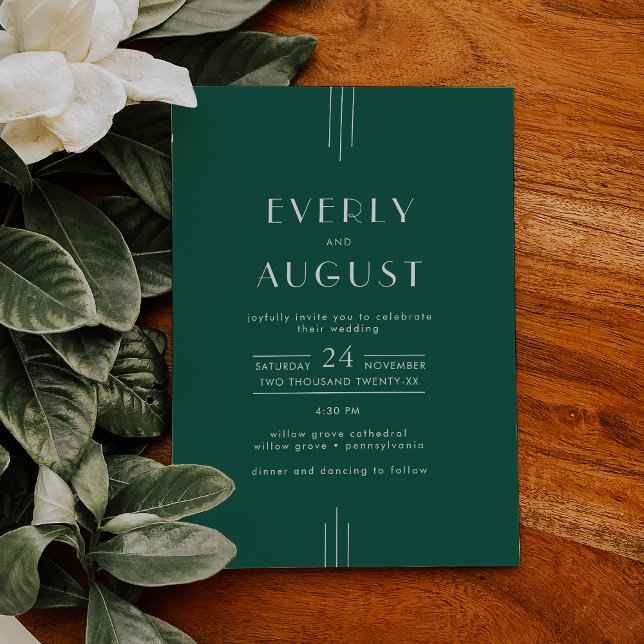Invitation Mariage EVERLY Tons de Bijoux Art Déco Émeraude Ve (EVERLY Jewel Tone Art Deco Emerald Green Wedding Invitation)