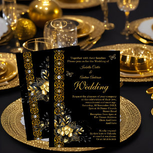 Invitation Mariage Exotique Papillon Floral Noir Or