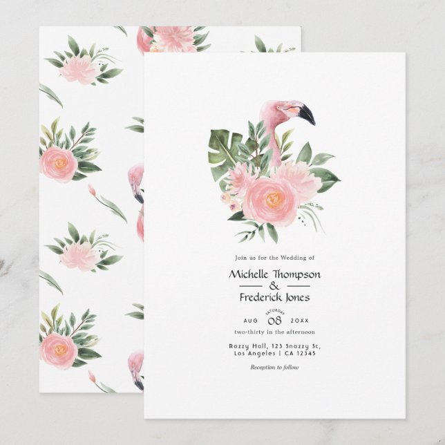 Invitation Mariage Exotique Tropical Flamant Rose (Devant / Derrière)