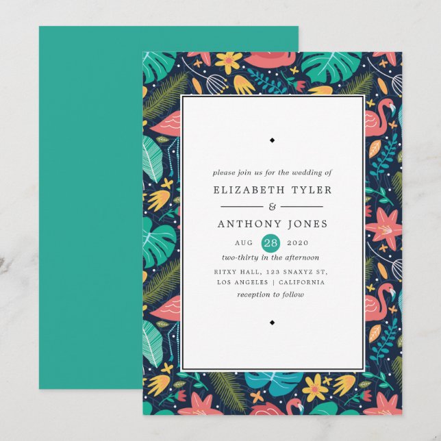 Invitation Mariage exotique tropical flamant rose coloré (Devant / Derrière)