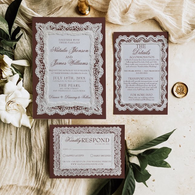 Invitation Mariage Fancy Chocolat Brun Dentelle Ancien Argent (Créateur téléchargé)