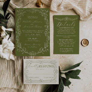 Invitation Mariage Fancy Vert Olive Floral Vieille Fortune