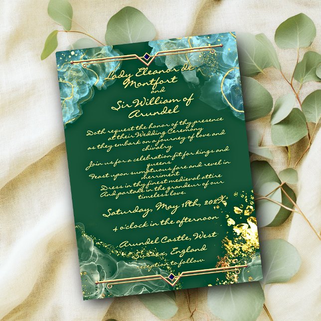 Invitation Mariage Fantaisie2 Marbre Vert Or Romantique (Romantic Gold Green Marble Fantasy2 Wedding Invitation)