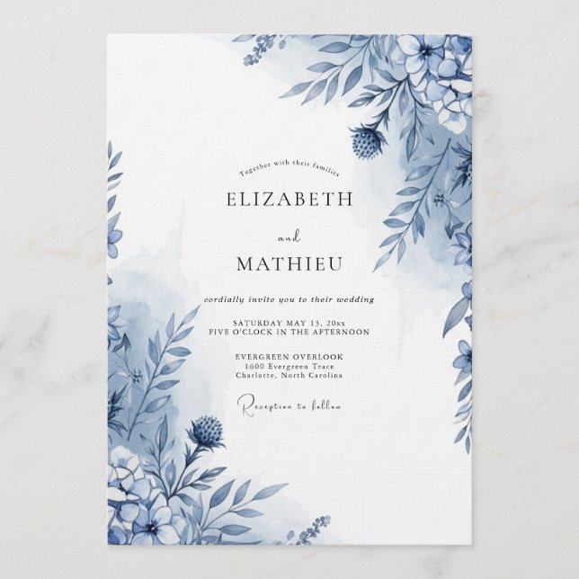 Invitation Mariage Fantaisie Botanique Bleu (Devant)