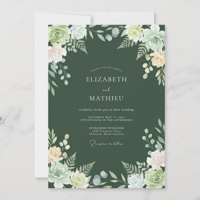 Invitation Mariage Fantaisie Botanique Émeraude (Devant)