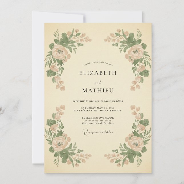 Invitation Mariage Fantaisie Botanique Teinte de Pêche (Devant)
