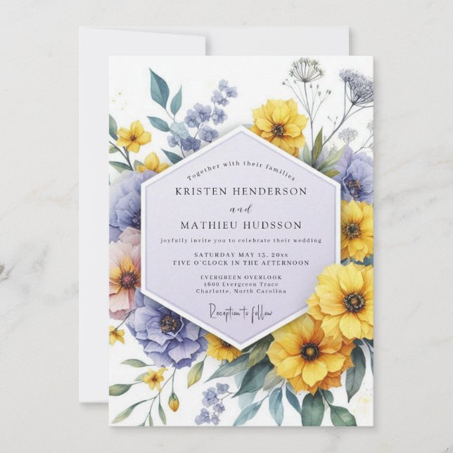 Invitation Mariage Fantaisie Botanique Violet Jaune (Devant)