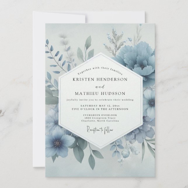 Invitation Mariage Fantaisie Fleur Bleue Poussiéreuse (Devant)