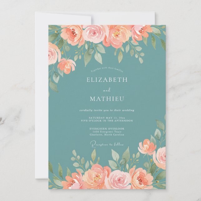 Invitation Mariage Fantaisie Fleur de Pêcher Turquoise (Devant)