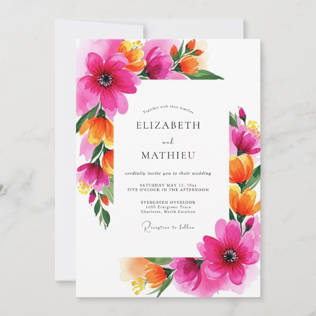 Invitation Mariage Fantaisie Fleur Magenta (Devant)