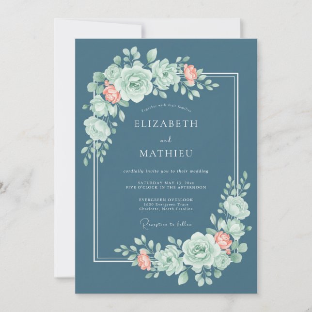 Invitation Mariage Fantaisie Fleur Rose Sarcelle (Devant)