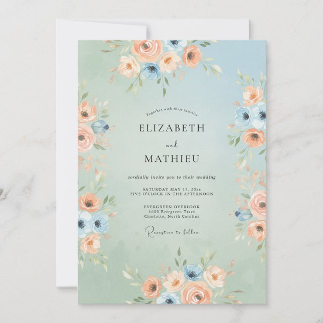 Invitation Mariage Fantaisie Fleurie Bleu Pêche (Devant)