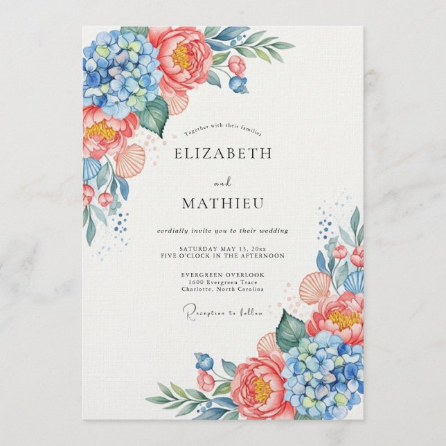 Invitation Mariage Fantaisie Fleurie Corail Bleu (Devant)