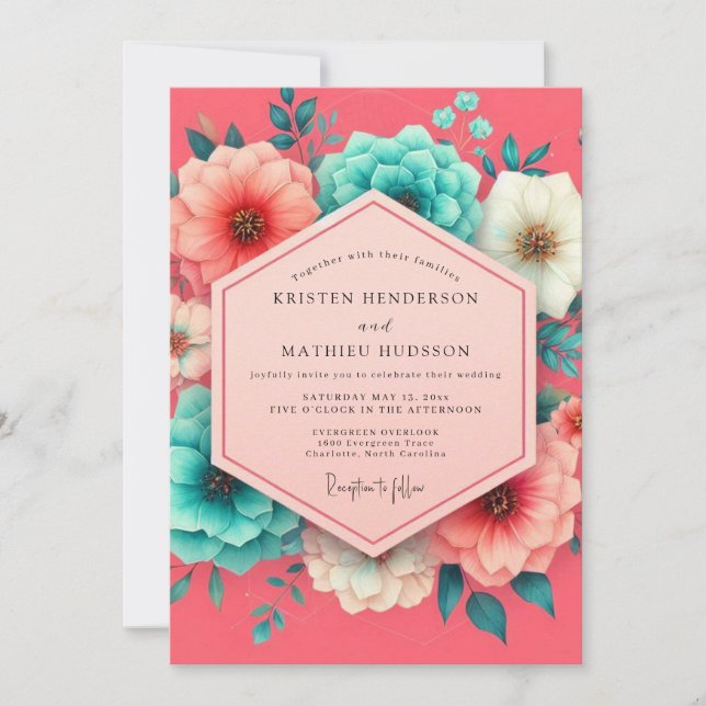 Invitation Mariage Fantaisie Fleurissement de Corail (Devant)