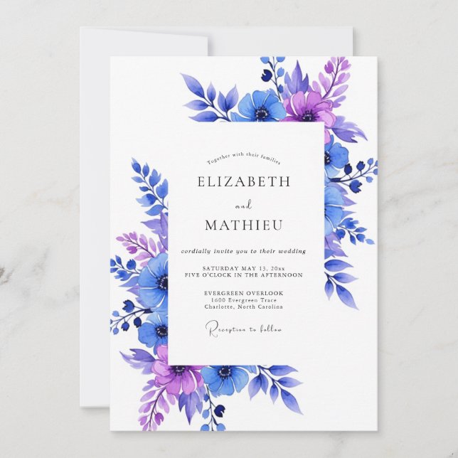 Invitation Mariage Fantaisie Floral Bleu Violet (Devant)