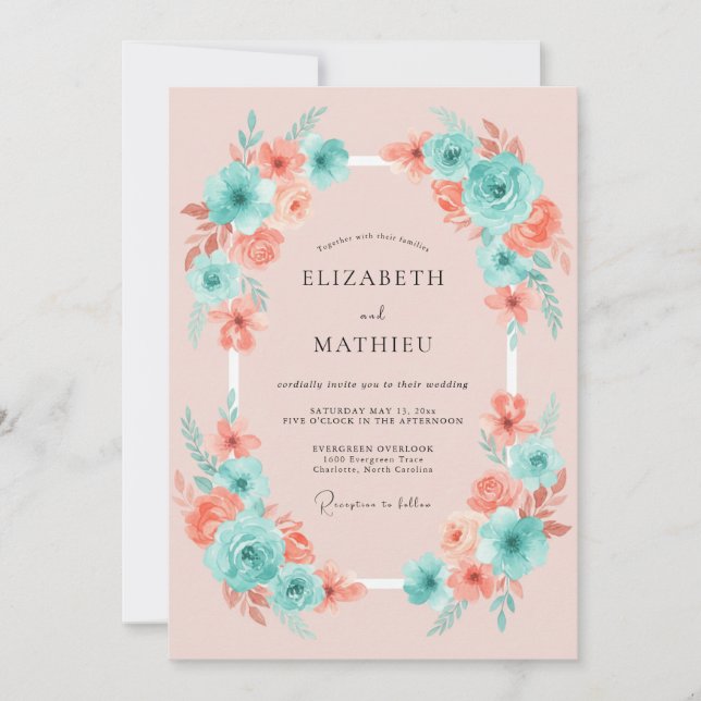 Invitation Mariage Fantaisie Florale Aqua Corail (Devant)