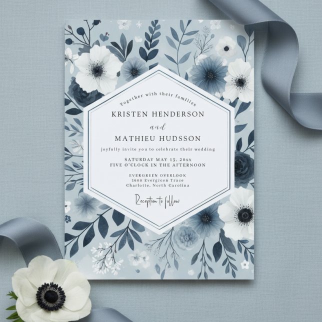 Invitation Mariage Fantaisie Florale Bleu Ardoise (Créateur téléchargé)