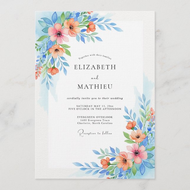 Invitation Mariage Fantaisie Florale Bleu Ciel (Devant)