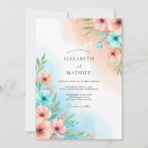 Invitation Mariage Fantaisie Florale Bleu Corail