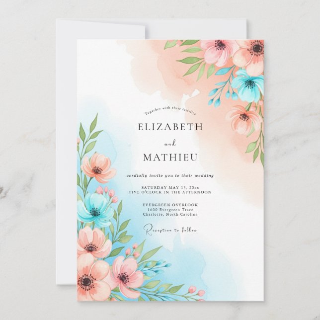 Invitation Mariage Fantaisie Florale Bleu Corail (Devant)