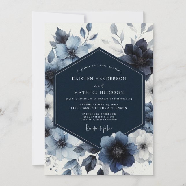 Invitation Mariage Fantaisie Florale Bleu Marine (Devant)
