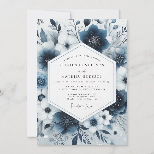 Invitation Mariage Fantaisie Florale Bleu Marine (Devant)