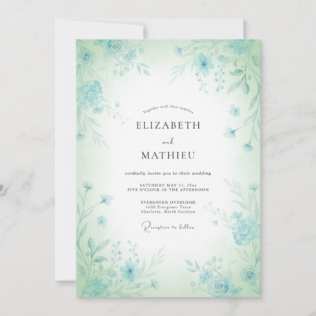 Invitation Mariage Fantaisie Florale Bleu Menthe (Devant)