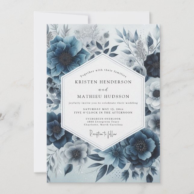 Invitation Mariage Fantaisie Florale Bleu Profond (Devant)