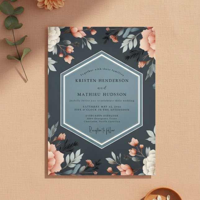 Invitation Mariage Fantaisie Florale Bleu Profond (Créateur téléchargé)