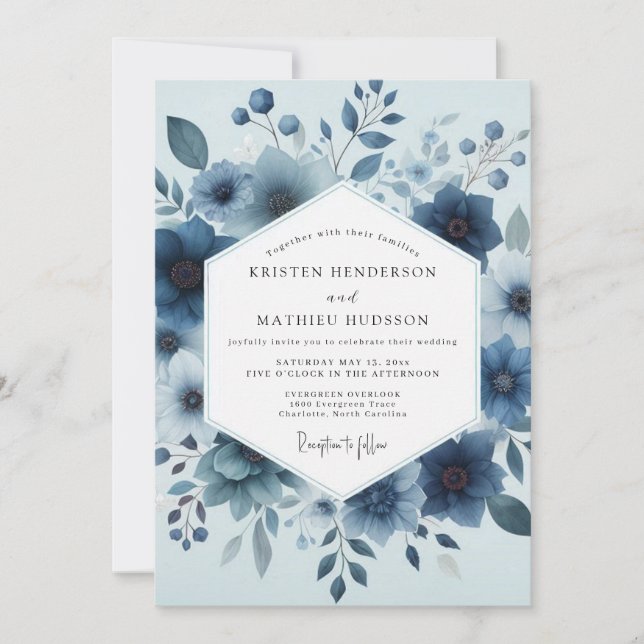 Invitation Mariage Fantaisie Florale Bleu Profond (Devant)