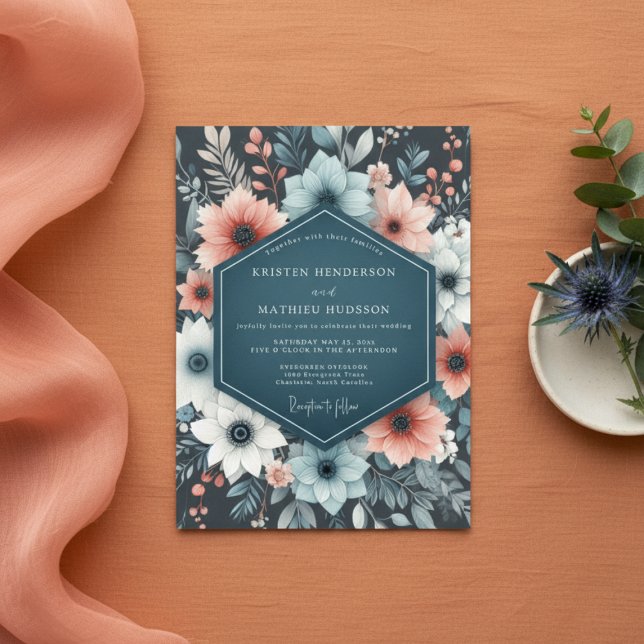 Invitation Mariage Fantaisie Florale Bleu Vert (Créateur téléchargé)
