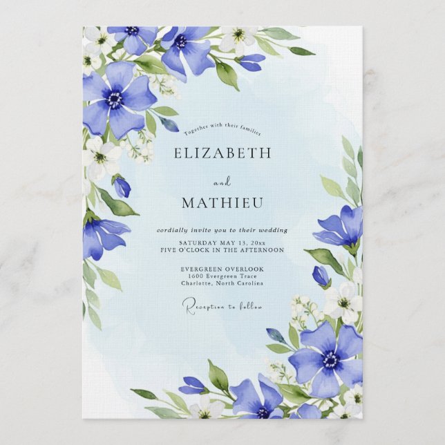 Invitation Mariage Fantaisie Florale Bleue Peinte (Devant)