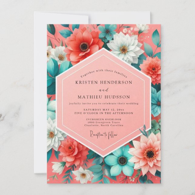 Invitation Mariage Fantaisie Florale Corail (Devant)
