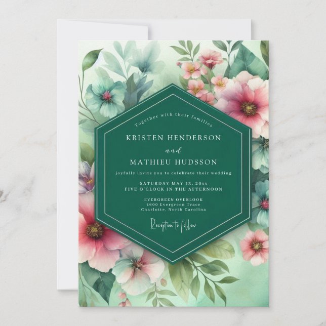 Invitation Mariage Fantaisie Florale Émeraude (Devant)