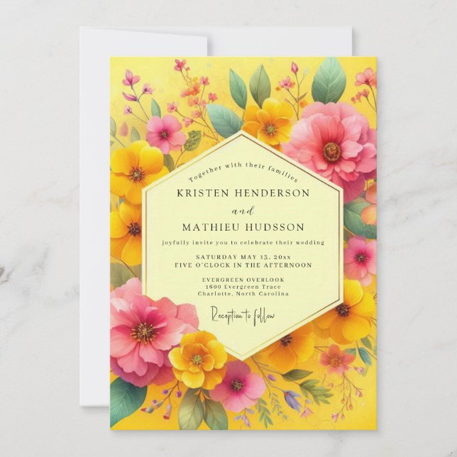 Invitation Mariage Fantaisie Florale Jaune (Devant)
