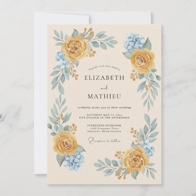 Invitation Mariage Fantaisie Florale Jaune Doré (Devant)