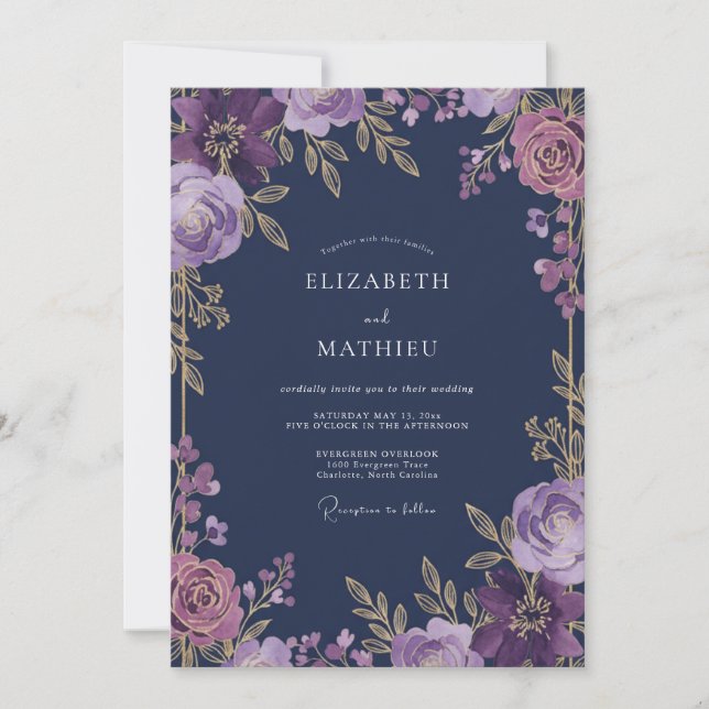Invitation Mariage Fantaisie Florale Prune Profond (Devant)
