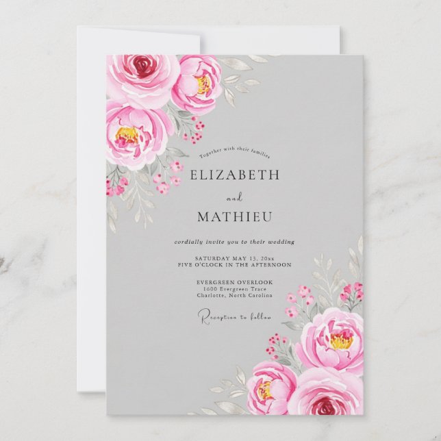Invitation Mariage Fantaisie Florale Rose (Devant)