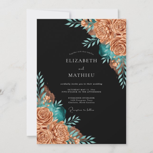 Invitation Mariage Fantaisie Florale Sarcelle Cuivre (Devant)