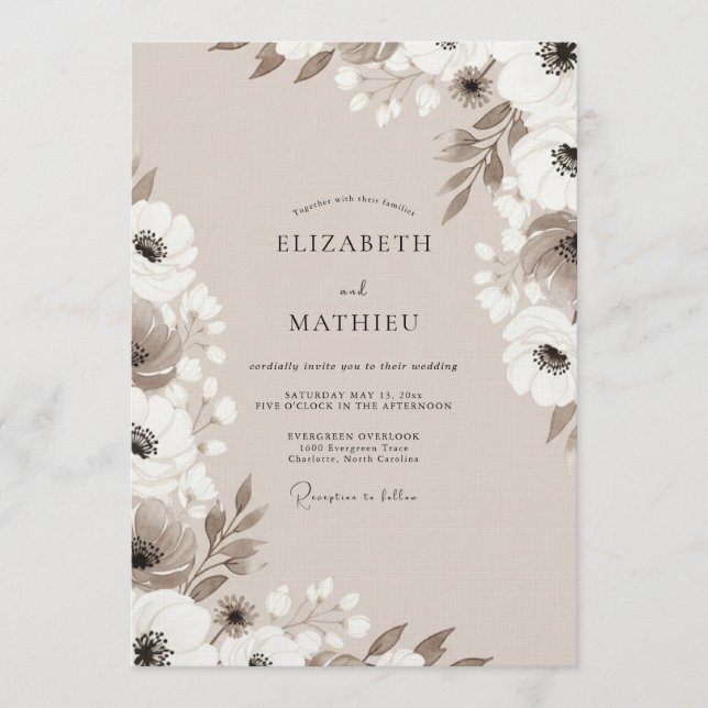 Invitation Mariage Fantaisie Taupe Floral (Devant)