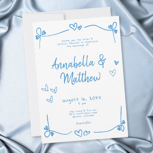 Invitation Mariage Fantaisiste à la Main Cœur Bleu Blanc 